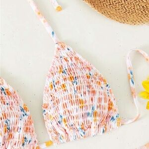 SHEIN Swim Summer Beach Smocked Halter Pink Tie Knot Bikini Top Size Small